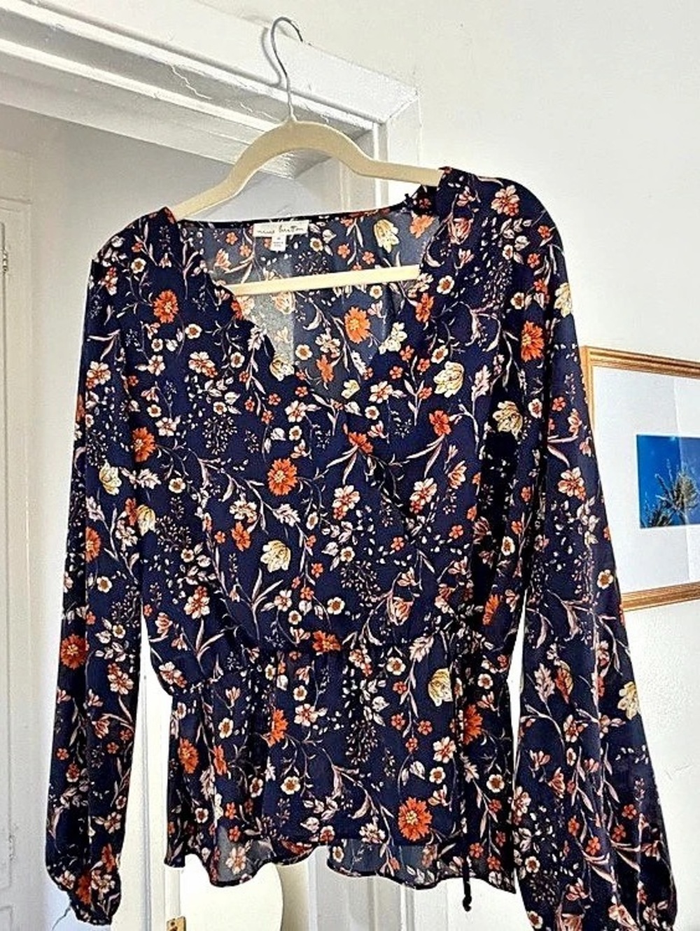 nine britton Navy Floral Wrap Blouse With Tie Waist